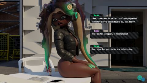 anal_vore anus ass bigger_female callie_(splatoon) dark-skinned_female dark_skin dialogue_box giantess marina_(splatoon) marina_(wo262) melbotics nintendo splatoon splatoon_2