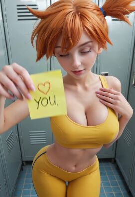 ai_generated areolae asymmetrical_hair belly blue_eyes bra breasts brown_hair cleavage clothes_lift clothes_pull clothing female female_only hithatwhitham895 kasumi_(pokemon) large_breasts looking_at_viewer midriff navel nipples orange_hair pokemon pokemon_character ponytail shirt shirt_lift shirt_pull short_hair shorts side_ponytail smile solo sports_bra sportswear standing tagme tank_top tied_hair underwear video yellow_shirt