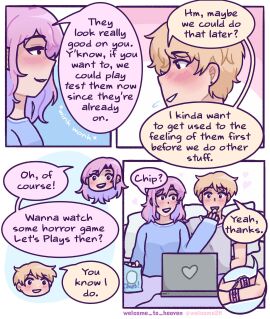 1boy 1girls bedroom bedroom_eyes blanket blonde_hair blush chips comic comic_page cuffs dialogue eating_food english_text female handcuffs heart laptop lying_on_bed male male/female pink_hair purple_hair speech_bubble sweat sweater text two-tone_hair welcome_to_heaven wrist_cuffs