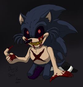 anthro blood_on_hand blue_body blue_fur bodily_fluids creepy eulipotyphlan feet fur genitals hedgehog hi_res lord_x male mammal penis rubberh0es_(artist) sega solo sonic.exe_(series) sonic_(series) sonic_the_hedgehog_(series) talons tan_body tan_fur toes unusual_anatomy unusual_genitalia unusual_penis wounded