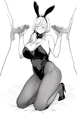 2boys animal_ears bare_shoulders blush bow breasts cleavage clothed_female_nude_male collarbone detached_collar double_handjob fake_animal_ears female fishnet_pantyhose fishnets greyscale handjob high_heels highres kneeling large_breasts leotard long_hair lovebgmilf male mature_female monochrome multiple_boys multiple_males nipples nude pantyhose playboy_bunny rabbit_ears rabbit_girl sweat uzaki-chan_wa_asobitai! uzaki_tsuki