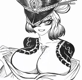 1girls aplpakapa big_breasts black_and_white breasts female hat ishmael_(limbus_company) kurokumo_clan_(identity)_(project_moon) limbus_company looking_at_viewer one_eye_covered one_eye_obstructed pointy_chin project_moon pulling_clothing sayo_(library_of_ruina) smile solo solo_female solo_focus tattoo tattoos two-tone_hair yakuza_tattoo