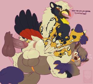 anthro anus avian backsack balls balls_touching ballsack beak bird brown_body brown_fur canid canine canis disembodied_penis fur genitals group gryphon hi_res humanoid_genitalia humanoid_penis imminent_anal looking_at_viewer looking_back male male/male mammal mythological_avian mythological_creature mythology open_mouth penis pink_background purple_body purple_fur simple_background sinisterheaven sitting_on_another thick_thighs tongue tongue_out toucan trio wolf yellow_body yellow_fur