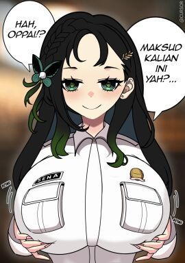 big_breasts black_hair breasts comic comic_page female green_eyes huge_breasts indonesia indonesian_school_uniform manga manga_page name_tag pockets seductive smile touching_breast uniform white_skin
