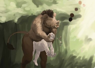 2011 anal anal_rape anal_sex anthro belly big_dom_small_sub brown_body brown_fur brown_mohawk brown_skin closed_eyes colored day detailed_background dominant dominant_anthro duo feet forest forest_background fur green_background human human_on_anthro interspecies jeri_kleinlowe light male male/male mammal mohawk nature nature_background nude nude_anthro nude_human nude_male outside outside_sex overweight pale_skin penetration plant reaching_out sex simple_background size_difference submissive submissive_human suid suine sunlight sus_(pig) tail tail_tuft tree tuft tusks wild_boar