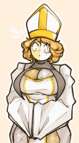 1girls ave_duce blonde_hair boob_window breasts countryhumans countryhumans_girl female hat large_breasts religious_clothing solo vatican_city_(countryhumans) white_body yellow_body