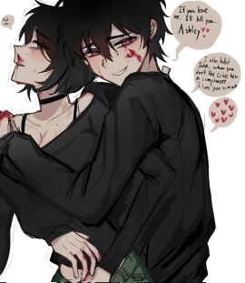 1boy 1girls andrew_graves ashley_graves black_sweater brother_and_sister embrace female green_eyes heart_symbol hi_res incest male nosebleed personality_change personality_switch pink_eyes possessive siblings smile sweater the_coffin_of_andy_and_leyley threatening