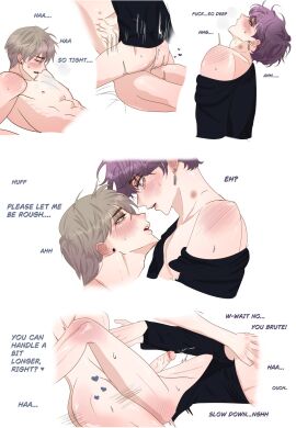 2boys anal anal_sex arched_back blush colored comic gay gay_sex love_and_deep_space male male_only male_penetrating_male partially_clothed pretty_boy purple_hair rafayel_(love_and_deep_space) riding rough_sex silver_hair skinny staring_at_partner sweat sweatdrop text xavier_(love_and_deep_space) yaoi