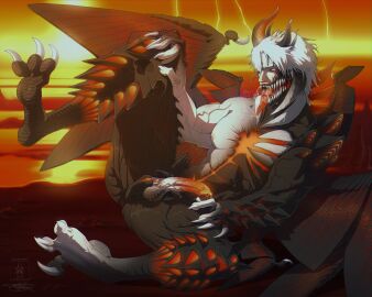 absurd_res ahe_gao blue_eyes bodily_fluids capcom cel_shading claws cum dante_(devil_may_cry) demon demon_humanoid devil_may_cry devil_may_cry_(series) devil_trigger feet foot_transformation genital_fluids genitals glowing glowing_cum glowing_genitalia glowing_tongue hair hell hi_res horn humanoid lava looking_pleasured male male_only mid-transformation multi_wing muscular muscular_male painted_background seregore shaded sin_devil_trigger solo solo_male spikes talons teeth_showing toes tongue tongue_out transformation unusual_bodily_fluids unusual_cum unusual_genital_fluids vein white_hair wing_claws wings