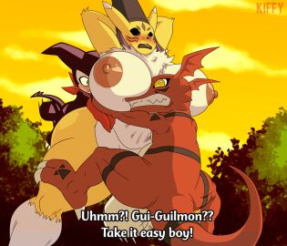 1girls 2boys absurd_res anal anal_sex areolae arms_behind_head balls belly big_breasts big_thighs black_sclera blue_eyes blush breasts deep_penetration dialogue digimon digimon_(species) digimon_tamers double_penetration english_text female from_behind from_behind_position gigantic_breasts green_eyes guilmon huge_balls huge_breasts impmon kiffy_(artist) looking_down male nipples outdoors penetration pussy sex taomon teeth_clenched thick_thighs threesome trio vaginal_penetration wide_eyed worried yellow_eyes