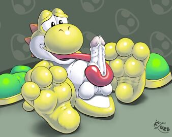 balls barefoot cock dick erection feet fluzzbuzz handsfree job male male_only mario_(series) masturbation nintendo no penis precum reclining shoes solo tongue yellow yoshi
