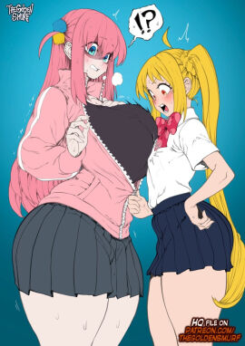 !? 2girls ahoge alternate_breast_size_(larger) artist_name asymmetrical_docking bigger_female black_shirt black_skirt blonde_hair blue_background blue_eyes blush bocchi_the_rock! bow bowtie breast_awe breast_envy breast_press breasts clenched_teeth collared_jacket collared_shirt commentary cowboy_shot cube_hair_ornament english_commentary female from_side gotou_hitori gradient_background grey_skirt grimace hair_between_eyes hair_ornament hand_on_own_chest hand_on_own_hip hands_up height_difference huge_breasts ijichi_nijika jacket larger_female long_hair long_sleeves looking_down miniskirt multiple_females multiple_girls one_side_up open_mouth paid_reward_available partially_shaded_face partially_unzipped patreon_username pink_hair pink_jacket pink_track_suit pleated_skirt polka_dot polka_dot_bow polka_dot_bowtie red_bow red_bowtie red_eyes shirt shocked short_sleeves shorter_female side_ahoge side_ponytail skirt small_breasts smaller_female speech_bubble spoken_interrobang steaming_body surprised sweat teeth thegoldensmurf thick_thighs thighs track_jacket track_suit trembling twitching unzipping very_long_hair white_shirt wide-eyed zipper