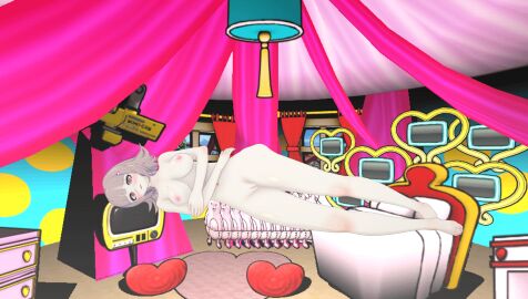 1girls 3d arms_crossed asian asian_female barefoot blunt_bangs blush blushing breasts completely_nude danganronpa danganronpa_2:_goodbye_despair female female_only koikatsu light-skinned_female light_skin lying_on_side nanami_chiaki navel nipples nude nude_female pink_eyes pussy tagme ultimateenf upwing_bell vulva