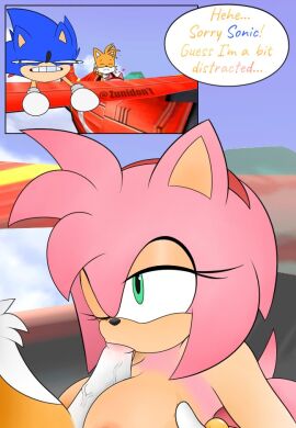 1girls 2boys amy_rose anthro anthro_on_anthro anthro_only anthrofied blowjob blue_body blue_fur breasts cheating english_text eulipotyphlan fellatio female green_eyes hedgehog large_breasts male miles_prower netorare one_eye_closed oral oral_sex orange_fur penis penis_between_breasts pink_fur plane sega sonic_(series) sonic_the_hedgehog sonic_the_hedgehog_(series) speech_bubble tails tails_the_fox text white_fur zunidont