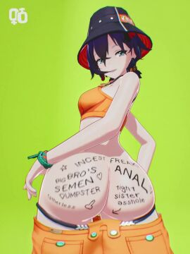 1girls belle_(zenless_zone_zero) big_ass body_writing curvy giggle giggling green_background hat heart heart_on_butt huge_ass incestuous_fantasy jiggle jiggling_ass looking_at_viewer looking_back music pumpalooza shorts shorts_down tagme tattoo teasing video writing_on_ass writing_on_butt writing_on_skin zenless_zone_zero