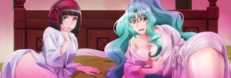 2girls bed bedroom big_breasts black_hair blue_hair breasts clothed covering_face ed-orter edited female female_only kimono long_hair looking_at_viewer mio_(tsuki_ga_michibiku_isekai_douchuu) multiple_females multiple_girls open_mouth red_eyes screenshot seductive short_hair thick_thighs tomoe_(tsuki_ga_michibiku_isekai_douchuu) tsuki_ga_michibiku_isekai_douchuu yellow_eyes