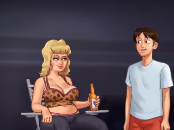 1boy 1girls 2d 2d_(artwork) big_breasts blonde_hair blue_eyes bra breasts brown_hair cleavage clothed clothing crystal_(summertime_saga) darkcookie digital_drawing_(artwork) digital_media_(artwork) duo earrings female female_focus light-skinned_female light-skinned_male light_skin long_hair main_character_(summertime_saga) male male/female medium_breasts milf panties pants sitting smile smiling summertime_saga underwear