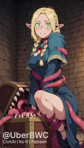 ai_generated animated blonde_hair delicious_in_dungeon dungeon_meshi green_eyes marcille_donato mimic mimic_chest no_sound restrained tagme tentacle tentacle_sex uberbwc video