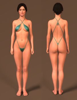 1girls 3d bikini brown_hair female female_only front_and_back full_body green_bikini kate_walker solo stormlux18 swimsuit syberia_(game) thong_bikini