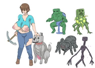big_breasts breasts canine censored creeper_(minecraft) enderman female feral human_female kandenki mature_female minecraft minecraft_mob mob monster pickaxe spider_(minecraft) stella_(femsteve) tagme torn_clothes wide_hips wolf_(minecraft) zombie_(minecraft)