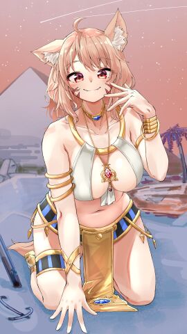 1girls ahoge animal_ear_fluff animal_ears armlet bangs bare_shoulders blonde_hair blush bracelet breasts cat_ears cat_girl cat_tail catgirl choker cleavage closed_mouth collarbone face_markings facial_mark female female_only jewelry kneeling large_breasts looking_at_viewer midriff nail_polish navel necklace pelvic_curtain red_eyes seiza short_hair smile solo squchan_(vtuber) tail virtual_youtuber vyugen