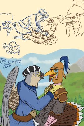 2024 anthro armor avian beak belt bird bodily_fluids brown_body brown_feathers chainmail chastity_bulge chastity_cage chastity_device closed_eyes clothing coat colored digital_media_(artwork) duo embarrassed falcon falconid feathers furled_wings galliform genital_fluids grey_body grey_feathers hand_on_shoulder hands_behind_knees headgear headwear helmet hi_res imminent_kiss inanimate_object konarak_(tzair) leaking_precum line_art looking_at_another looking_pleasured male male/male metal_chastity_cage mountain multicolored_body multicolored_feathers outside outside_sex pauldron peregrine_falcon phasianid plant plume precum religious_clothing religious_headwear resisting_orgasm romantic romantic_couple scuted_arms scuted_hands scutes sex signature sky story story_in_description tail tail_feathers tan_body tan_feathers topwear tree turban turkey two-tone_body two-tone_feathers tzair_(artist) tzair_(character) wings