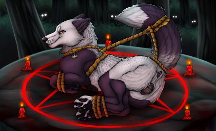 anatomically_correct anatomically_correct_anus anatomically_correct_genitalia anatomically_correct_pussy animal_genitalia animal_pussy anus arms_tied ass black_pawpads black_pussy bodily_fluids bondage bound candle candlelight canid canine canine_genitalia canine_pussy canis claws collar detailed_background dipstick_tail female feral fluffy forest fur genitals glowing hi_res killthe_demon legs_tied light looking_at_viewer looking_back lying magic magic_circle mammal markings multicolored_body multicolored_fur nature nature_background occult_symbol on_side outside pawpads paws pentacle pentagram plant presenting presenting_anus presenting_hindquarters presenting_pussy pussy quadruped raised_tail restrained restraints ritual rope rope_bondage rope_harness smile solo solo_focus summoning_circle symbol tail tail_markings tree white_body white_fur wolf yellow_eyes