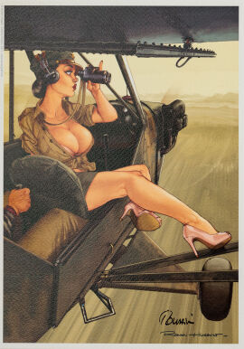 1940s 1girls 40s airplane binoculars breasts cap cleavage_cutout female hat headphones heels history large_breasts lipstick looking_right makeup pinup plane red_lipstick red_nails romain_hugault sitting tied_hair world_war_2 ww2