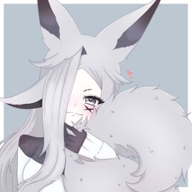 animal_ears artist_name blush closed_mouth dya_rikku_(vtuber) female grey_background hair_over_one_eye heart long_hair looking_at_viewer signature simple_background solo virtual_youtuber vyugen white_hair