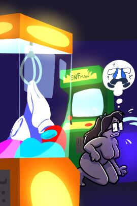 1girls arcade ass barefoot breasts chubby completely_nude embarrassed embarrassed_nude_female enf female freckles glasses hairbow hiding naked_glasses nude public public_nudity senftember senftember_(2024) solo solo_female tagme theenfman