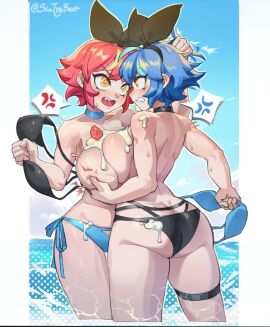 2d 2d_(artwork) 2d_artwork 2girls anger_vein ass asymmetrical_docking bikini black_bikini blonde_hair blue_bikini blue_hair bow breast_press breasts catfight choker clenched_teeth dif_(difman) female female_focus female_only fid_(difman) hair_pull hair_pulling ice_cream large_breasts multiple_females multiple_girls open_mouth original parted_lips red_hair removed_bra removed_clothing sexfight short_hair sintrybest speech_bubble spoken_anger_vein standing swimsuit tagme teeth twitter_username unworn_bikini upper_teeth yellow_eyes