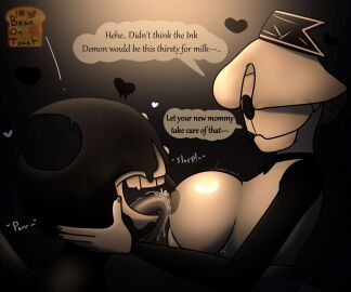 2024 2d areola areolae beanontoast bendy bendy_and_the_dark_revival bendy_and_the_ink_machine betty_(bendy_and_the_dark_revival) big_breasts breasts breasts_out dialogue female hi_res ink_demon licking_nipples mask masked_female mommy_kink nipples tongue tongue_out yellow_skin