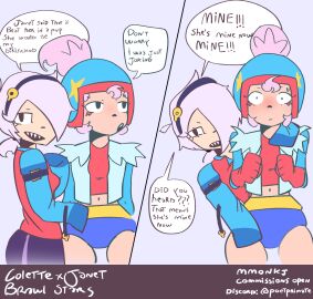 2girls aggressive aggressive_female blush brawl_stars colette_(brawl_stars) couple female female_focus female_only fully_clothed hug janet_(brawl_stars) lesbian_couple looking_at_viewer mmonkj nervous no_ai pink_hair possession possessive possessive_female simple_background surprised surprised_expression white_hair yuri