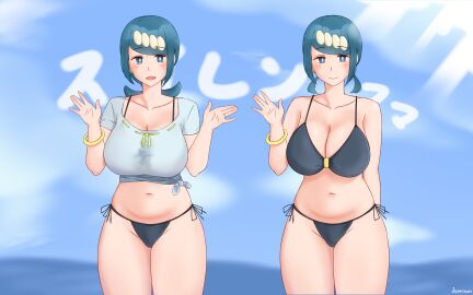1girls armwear big_breasts bikini bikini_bottom bikini_top black_bikini blue_eyes blue_hair blush bottomwear bracelet breasts cleavage female female_only game_freak hair huge_breasts japanese_text jasonis0224 lana's_mother_(pokemon) mature mature_female milf mother pokemon pokemon_sm shirt short_hair smile solo solo_female swimwear thighs topwear white_shirt