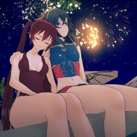 2girls 3d 4th_of_july alternate_costume arm_around_shoulders bare_arms bare_legs bare_midriff bare_shoulders beach bikini blue_bikini blue_eyes blue_hair blue_swimsuit breasts closed_eyes cuddling fefreak726 female female_only fire_emblem fire_emblem_awakening fire_emblem_cipher fireworks hair_between_eyes hand_on_another's_shoulder legs long_hair lucina_(fire_emblem) midriff multiple_females multiple_girls night nintendo official_alternate_costume one-piece_swimsuit outdoors parasol red_hair red_one-piece_swimsuit red_swimsuit severa_(fire_emblem) shorts shoulders sitting small_breasts smile swimsuit symbol-shaped_pupils tiara twintails umbrella very_long_hair wholesome yuri