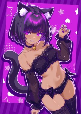 black_body black_hair boosty cat_ears cat_tail collar finnflint_(boosty) finnflint_(vtuber) hi_res medium_breasts purple_background purple_eyes purple_hair sfw sfw_version vtuber