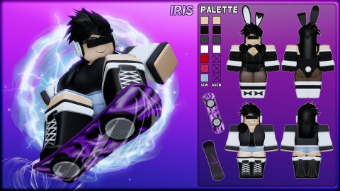 1girls 3d black_gloves black_hair boots bow bunny_ears bunny_girl bunnygirl_outfit bunnysuit denim denim_bottomwear denim_shorts ear ears_up elbow_gloves female female_only fishnet_legwear fishnet_pantyhose fishnets glasses glasses_on_face gloves headphones iris_(rusmynth) original_character reference_sheet roblox robloxian rusmynth skateboard smile socks thigh_highs thighhighs