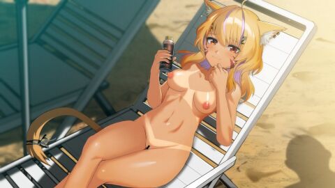 364ing ahoge animal_ear_fluff animal_ears bar_censor beach blonde_hair breasts cat_ears cat_girl cat_tail censored chair colored_inner_hair completely_nude english_commentary facial_mark female indie_virtual_youtuber long_hair looking_at_viewer lotion_bottle lounge_chair medium_breasts multicolored_hair navel nude outdoors purple_hair red_eyes ribbon second-party_source shadow solo squchan_(vtuber) streaked_hair tail tail_ornament tail_ribbon tan tanlines twitch two-tone_hair virtual_youtuber vyugen whisker_markings