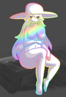 1girls belly belly_button black_background breasts chetoh commission commissioner_upload dan_(null_y34r) dave_and_bambi_mod expressionless featureless_breasts feet female female_focus female_only friday_night_funkin friday_night_funkin_mod gijinka naked naked_female no_mouth nude oblivion_dan rainbow rainbow_outline red_eyes redraw rule_63 sitting thick_thighs thighs white_body white_hair white_hat