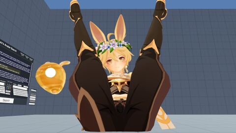 3d aether_(genshin_impact) bunny_ears flower_crown genshin_impact giant legs_spread presenting_hindquarters smirking vrchat vrchat_avatar vrchat_model