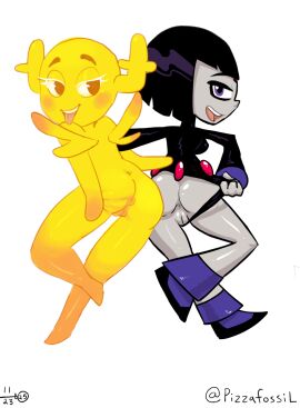 anthro antlers anus ass black_hair blush breasts cartoon_network clothing clothing_pull curvy_figure dc dc_comics duo fairy female female/female footwear forehead_gem gem genitals grey_body grey_skin hair hi_res horn human leotard leotard_pull looking_at_viewer mammal penny_fitzgerald pizzafossil presenting presenting_hindquarters presenting_vulva raven_(dc) shoes side_boob signature simple_background spread_butt spreading teasing teen_titans teen_titans_(television_series) teen_titans_go! teeth the_amazing_world_of_gumball tongue tongue_out vulva white_background wings