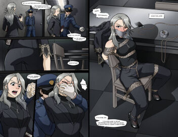 1boy 1girls arms_tied_behind_back black_hair black_jacket black_pants black_shirt bondage breasts chair chair_bondage chloroform comic crotch_rope earrings english_text female folder gag gagged gloves grey_hair hair_ornament holding_folder jacket large_breasts legs_tied long_hair looking_at_viewer male necklace pants persona persona_5 phone police police_uniform rag red_eyes rope rope_bondage sae_niijima shibari_over_clothes shio-bari shirt tape tape_gag taped_hands text text_bubble tied_to_chair