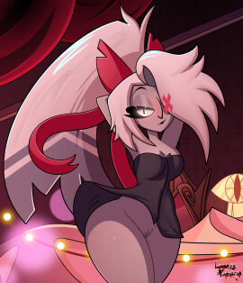 angel big_breasts breasts fallen_angel female female_only half-closed_eyes hazbin_hotel hellaverse humanoid long_hair lunarisparukia open_mouth open_smile purple_body pussy pussy_juice simple_background smile solo teeth thick_thighs vaggie_(hazbin_hotel) white_hair