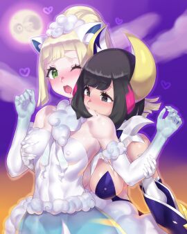 2d 2girls alolan_vulpix_(cosplay) big_breasts biting black_hair blonde_hair breast_grab breasts busty cleavage costume female female_only game_freak grabbing_from_behind green_eyes hi_res highres light-skinned_female light_skin lillie_(pokemon) lunala_(cosplay) medium_breasts mizuumi_(bb) nintendo nipple_bulge nipples pokemon pokemon_sm selene_(pokemon) tagme yuri
