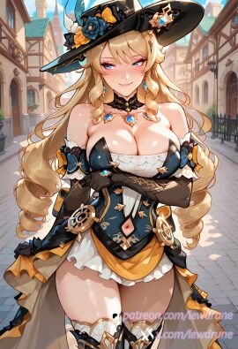 ai_generated biting_lip black_choker black_gloves blonde_hair blue_eyes blue_feathers blue_sky blush cloud covering_privates curvy curvy_figure day detached_sleeves female genshin_impact gold_earrings large_breasts lewdrune looking_at_viewer looking_away midriff navel navia_(genshin_impact) smile solo sweat thick_thighs thighs wide_hips
