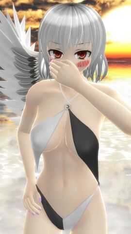 1girls 2023 3d beach belly_button black_and_white_swimsuit blush breasts brown_eyes cleavage clouds female hand_covering_mouth hati_yukkuri_mmd light-skinned_female light_skin looking_at_viewer missing_wing mmd one_arm_up outdoors sagume_kishin short-haired_female sky solo_female solo_focus spirit sun sunset swimsuit touhou water white-haired_female