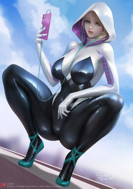 artist_name asymmetrical_hair ballet_slippers black_bodysuit blonde_hair blue_eyes bodysuit breasts cleavage cloud cloudy_sky day earbuds earphones female female_only full_body gwen_stacy hood hood_up hooded_bodysuit large_breasts latex latex_bodysuit looking_at_viewer marvel marvel_comics nose open_mouth patreon_username patterned_clothing phone reflection reflective_clothes sade_abyss shiny_clothes signature sky solo spider-gwen spider-man_(series) spread_legs squatting superhero superhero_costume superheroine teeth two-tone_bodysuit variant_set web_address white_bodysuit