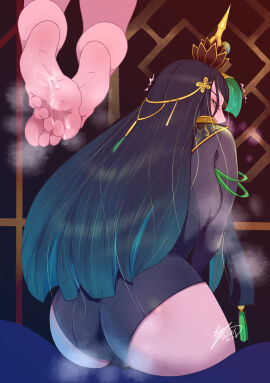 1girls ass barefoot big_ass black_hair cavalry clothed crown cum cum_on_feet feet female foot_fetish foot_focus fully_clothed grey_eyes hair_ornament punishing:_gray_raven qu_(punishing:_gray_raven) robot robot_girl sitting soles steam toes very_long_hair