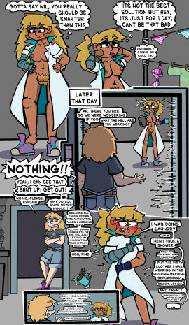 1boy 1girls blonde_hair blue_eyes blush blush_lines bra breasts brown_eyes coat_only comedy comic dark-skinned_female dark_skin embarrassed female functionally_nude functionally_nude_female levi_(th3crazyguard1an) light-skinned_male light_skin long_hair male medium_breasts mug naked naked_female oc original original_character original_characters panties prosthetic prosthetic_arm smug_face striped_panties text text_bubble th3crazyguard1an wilhelmina_(th3crazyguard1an)