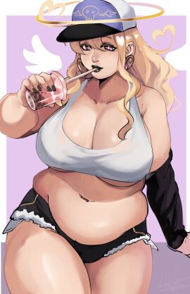 1girls ahoge angel angel_wings angie_(puzzled_artist) baseball_cap belly black_lipstick blonde_hair boba_tea breasts bubble_tea cap chubby crop_top cup drinking drinking_straw female halo hat heart midriff original plump ponytail purple_eyes puzzled_artist short_shorts solo solo_female solo_focus straw streetwear symbol-shaped_pupils thick thighs underboob white_shirt
